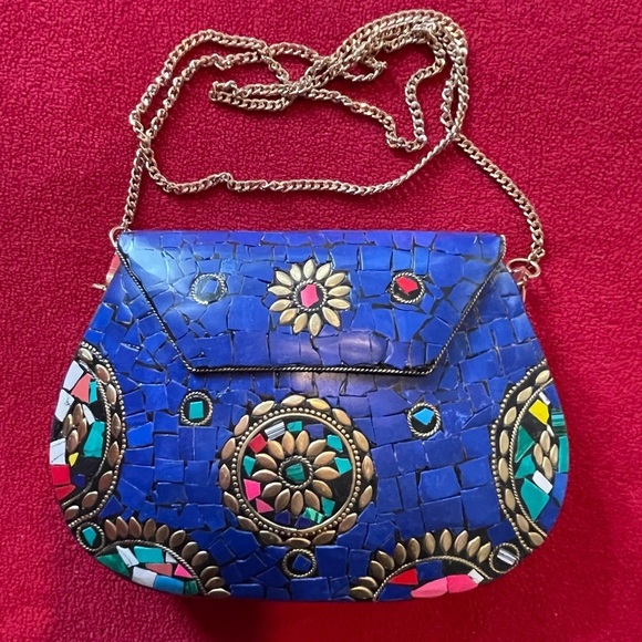 RAMLA Moriccan Handmade Mosaic Tile Handbag Blue with Gold - Picture 8 of 8